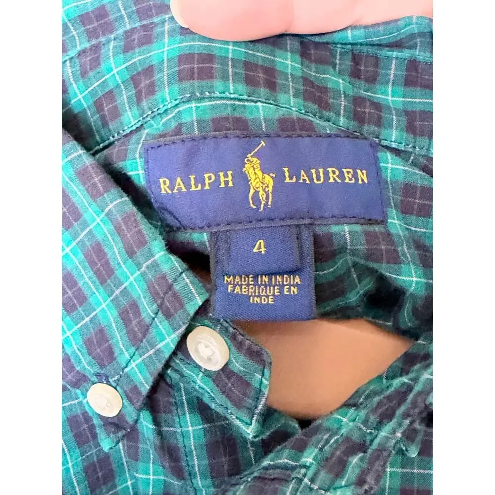 Ralph Lauren Boys blue teal check button front dress shirt long sleeve 4 preppy